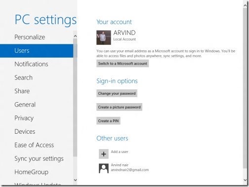 Windows 8 PC settings 1