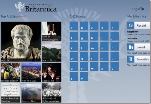 Encyclopedia Britannica app for Windows 8