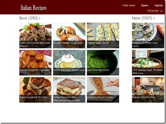 Italian Recipes- Windows 8 Recipe App - Main Screen