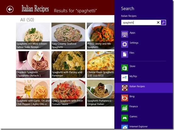 Italian Recipes- Windows 8 Recipe App - Search in Windows Charm