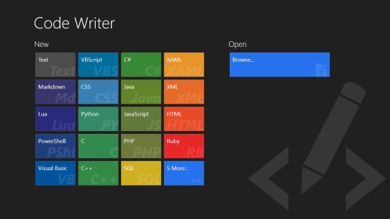 Code Writer - Language Selection Screen