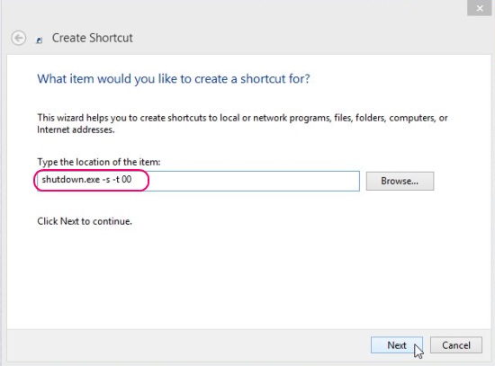 Create Shortcut Dialog box - Specifying location for the shortcut