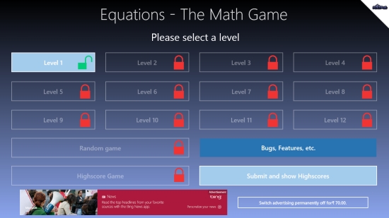 Equations - The Math Game - Start screen