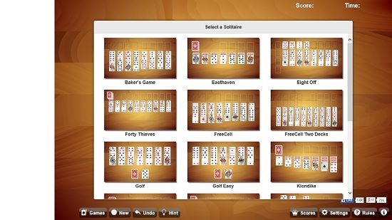 Universal Solitaire main screen select game type
