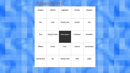 Bingo Board Main Screen