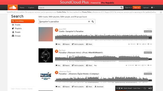 SoundCloud Plus Song Search Results and playing in background