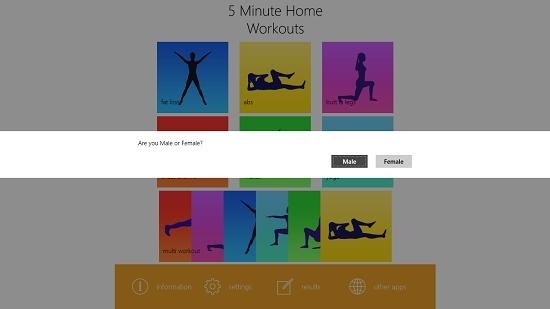5 minute home workouts main screen select gender